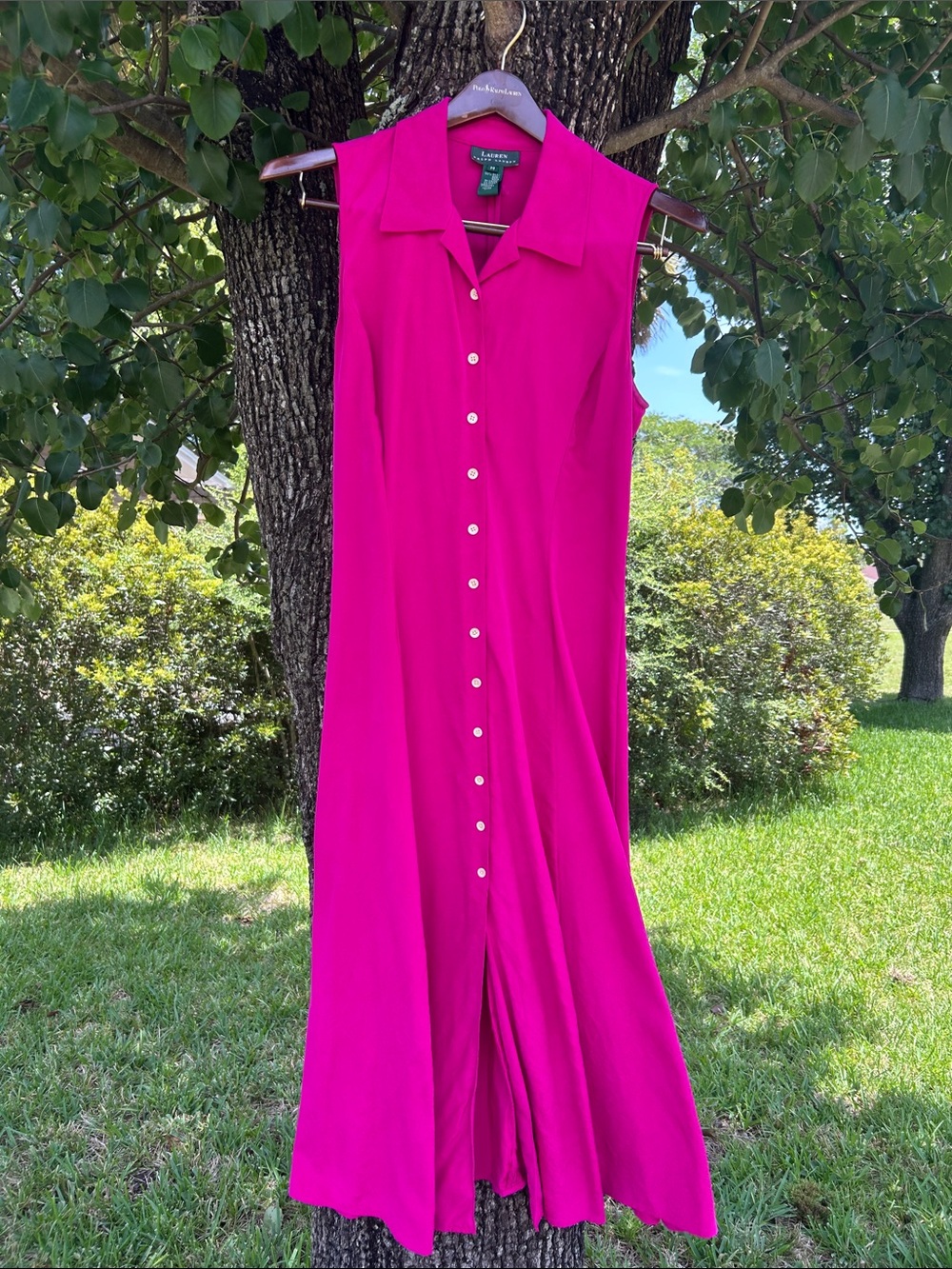 Vintage Rare 90s Lauren Ralph Lauren 100% Silk Maxi Shirt Dress Hot Pink